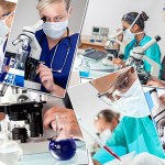 Montage of interracial medical people, men, women, doctors, nurses, research team in hospital laboratory analyzing samples and solutions